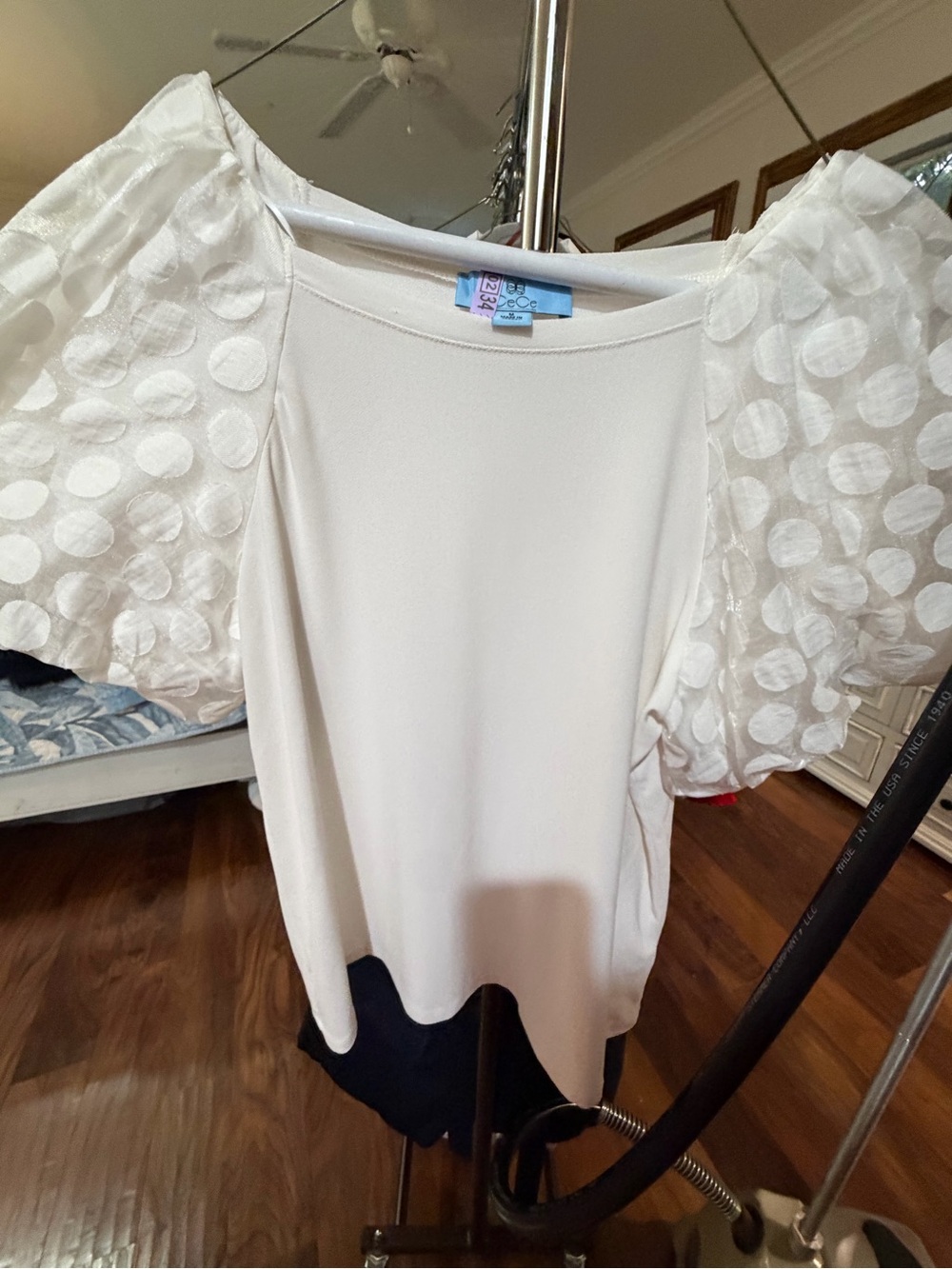 CeCe White Puff-Sleeve Dot Top